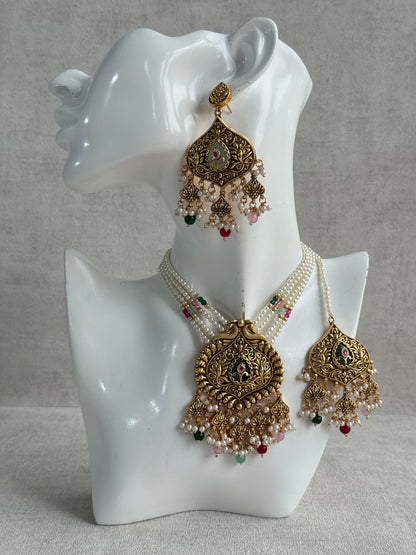 Ayura Designs Afia Necklace Set with Earrings & Tikka – Antique Gold, Multicolour Beads, Green Centre Stone & Peacock Motifs