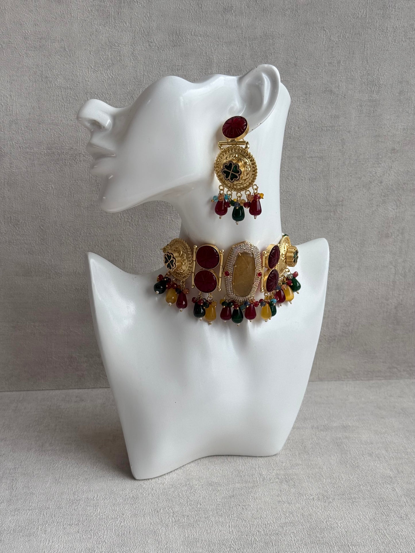 Ayura Designs Faizaan Choker Set with Earrings – Multicolour Stone Drops, Carved Ruby Details & Antique Gold Finish