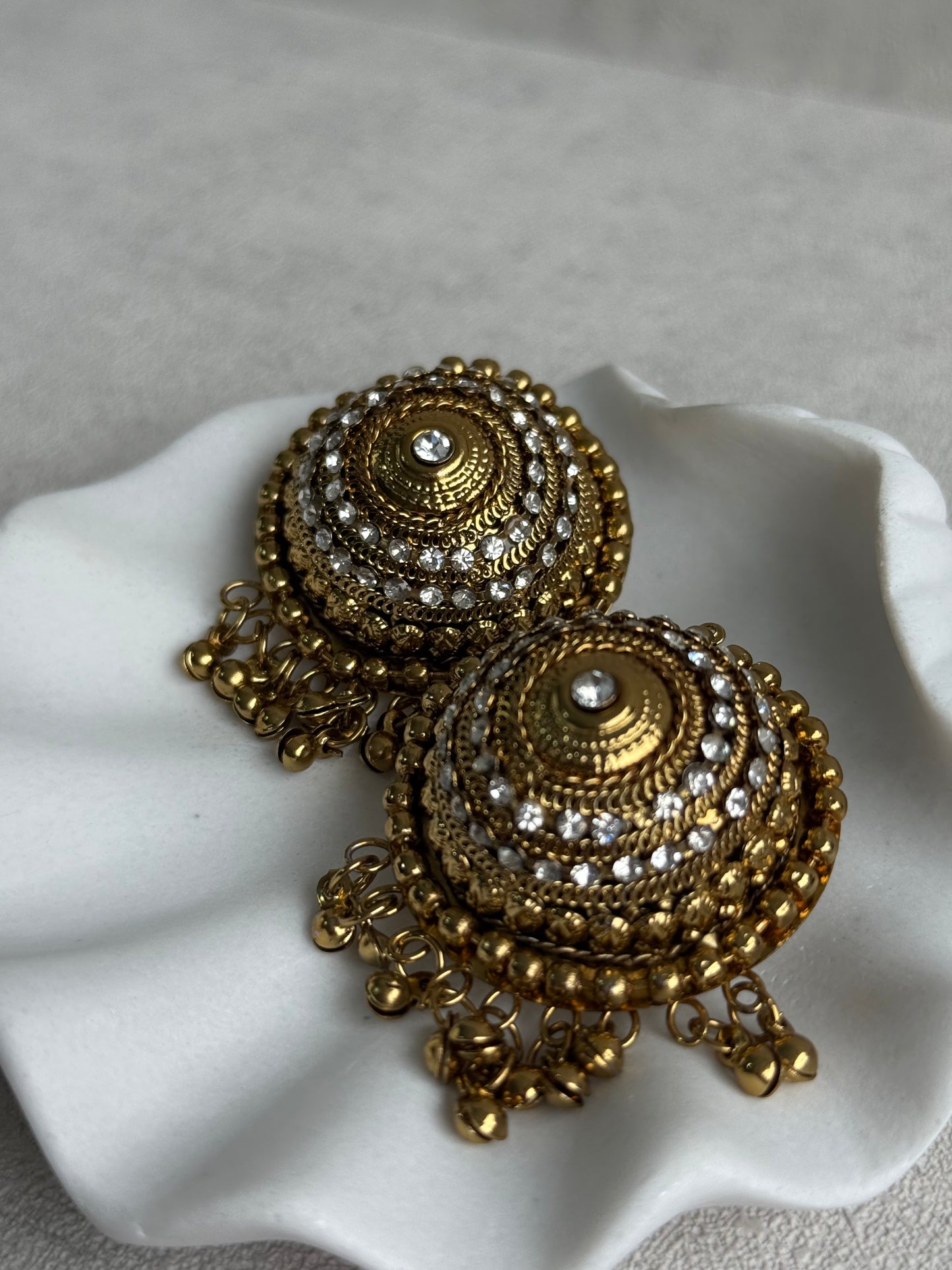 Ayura Designs Mitwa Earrings – Antique Gold Studs with Crystal Stones & Ghungroo Fringe