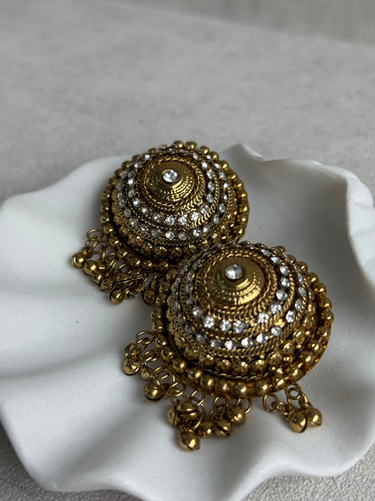 Ayura Designs Mitwa Earrings – Antique Gold Studs with Crystal Stones & Ghungroo Fringe