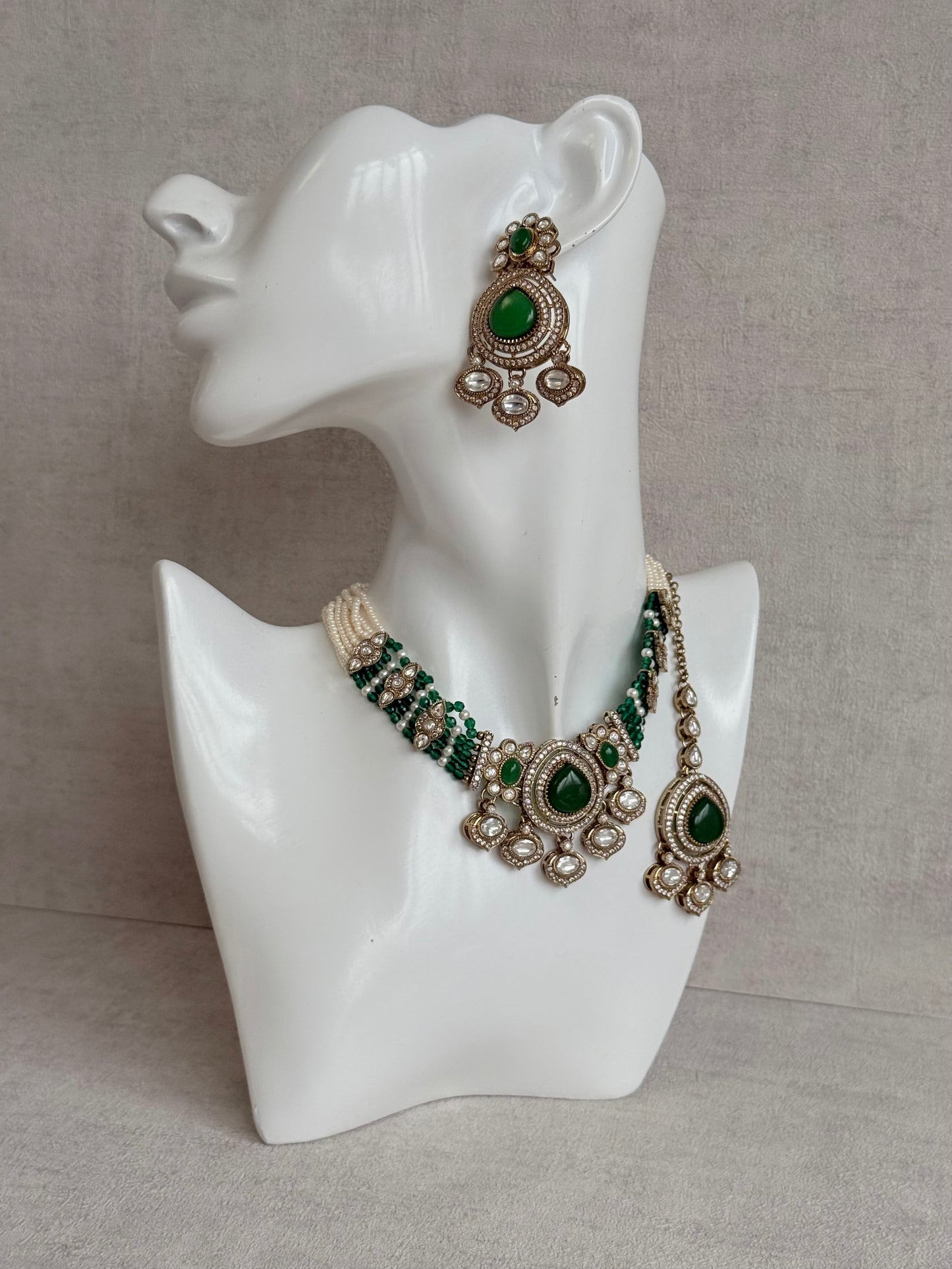 Ayura Designs Rahi Necklace Set with Earrings & Tikka – Emerald Green Stones with Mirror-Cut Detailing & Pearl Strands