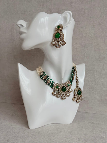 Ayura Designs Rahi Necklace Set with Earrings & Tikka – Emerald Green Stones with Mirror-Cut Detailing & Pearl Strands