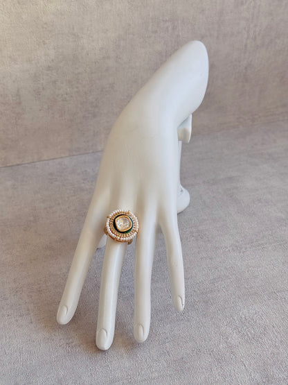 Ayura Designs Roselle Adjustable Ring – Moissanite Centre with Crystal Border & Ivory Pearls