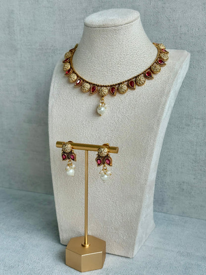 Ayura Designs Mayura Necklace Set with Earrings – Antique Gold Meenakari Motifs with Pearl Drop & Rani Pink Stones