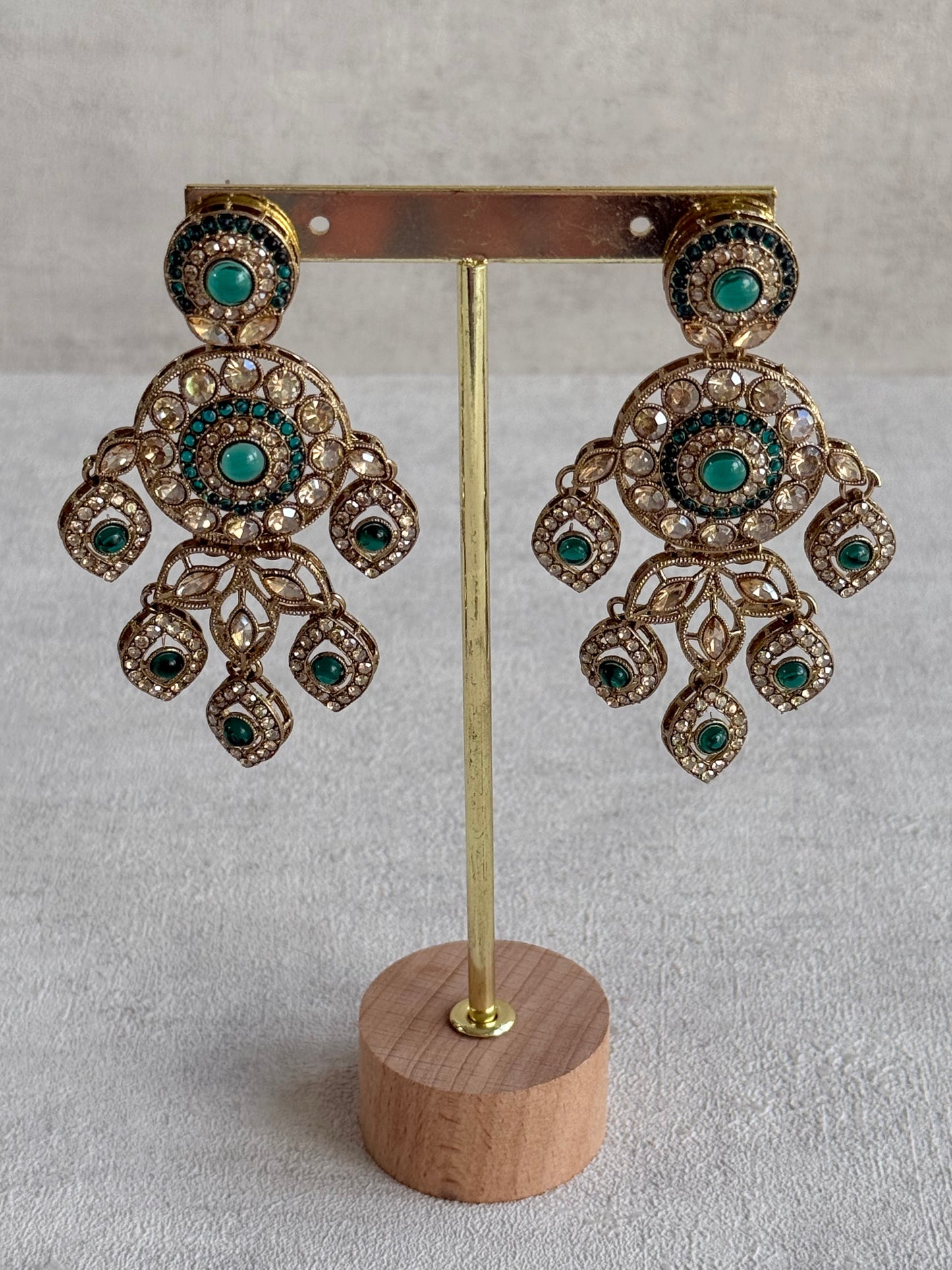 Ayura Designs Vanika Earrings – Teal Green & Champagne Crystal Gold Finish
