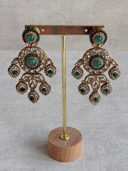 Ayura Designs Vanika Earrings – Teal Green & Champagne Crystal Gold Finish