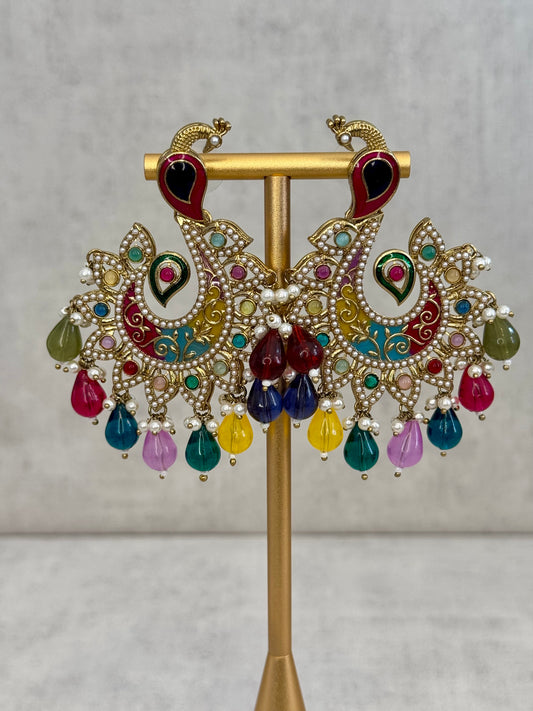 Ayura Designs Moorni Earrings – Peacock-Inspired Chandbalis with Multicoloured Meenakari, Kundan, and Pearl Accents