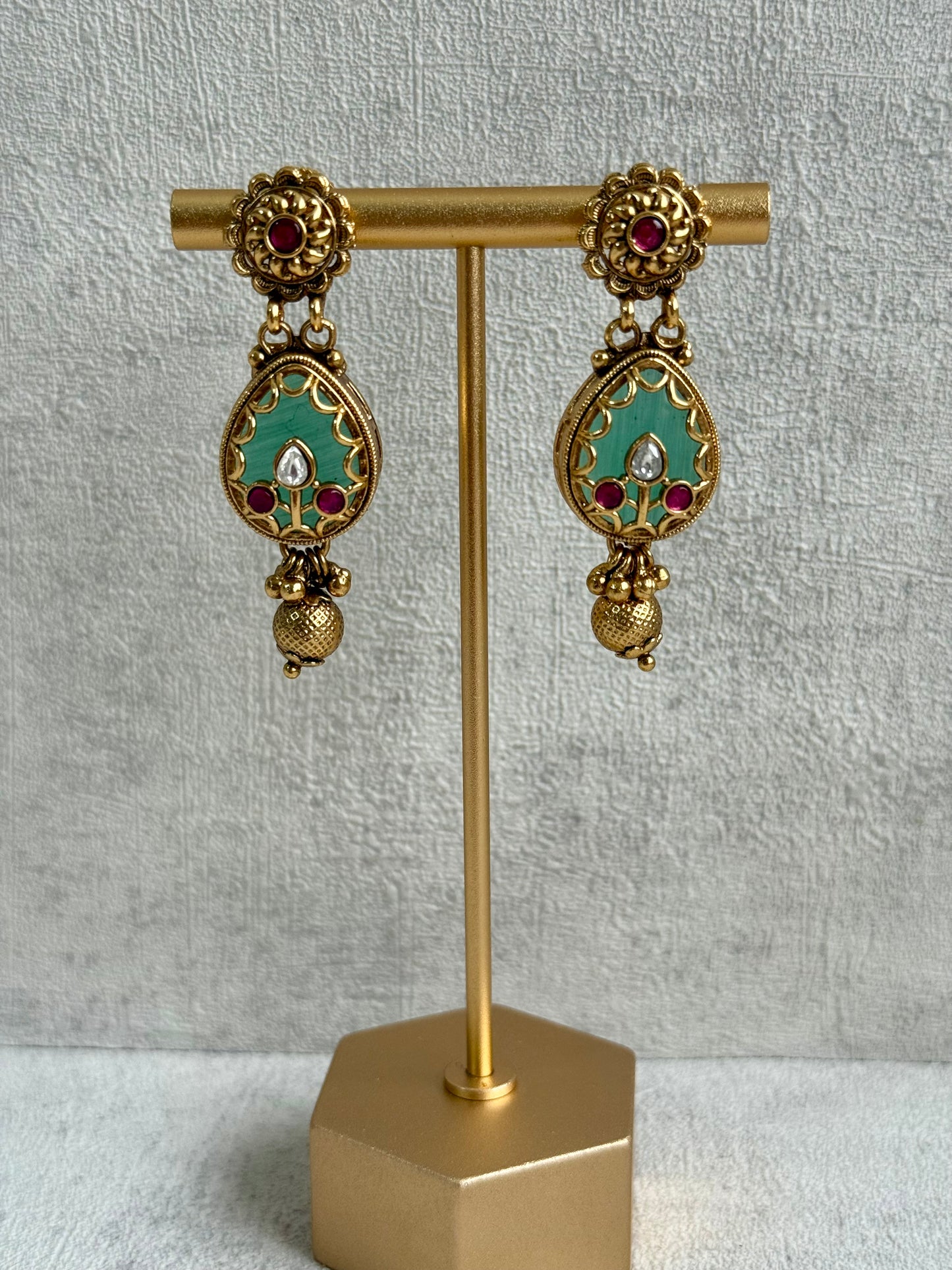 Ayura Designs Ishani Set – Necklace & Earrings with Antique Gold Finish, Pistachio Enamel, Ruby & Polki Detailing