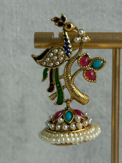 Ayura Designs Mayuri Jhumkis – Gold Peacock Earrings with Multicolour Meenakari & Pearl Detailing