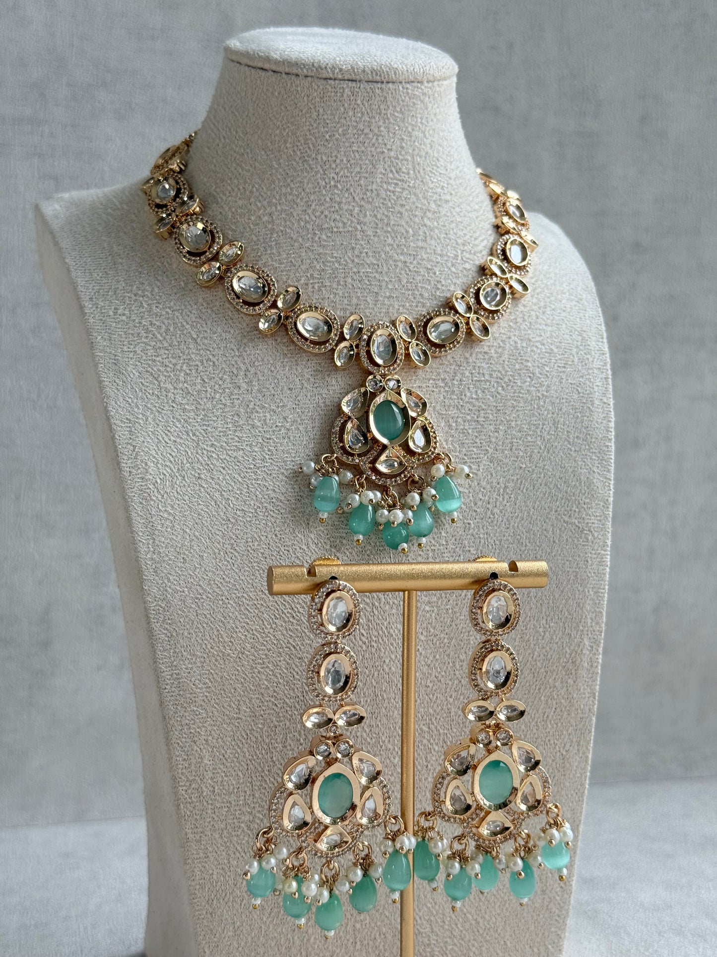Ayura Designs Edina Necklace Set with Earrings – Kundan, Mint Green Stones & Pearl Detailing