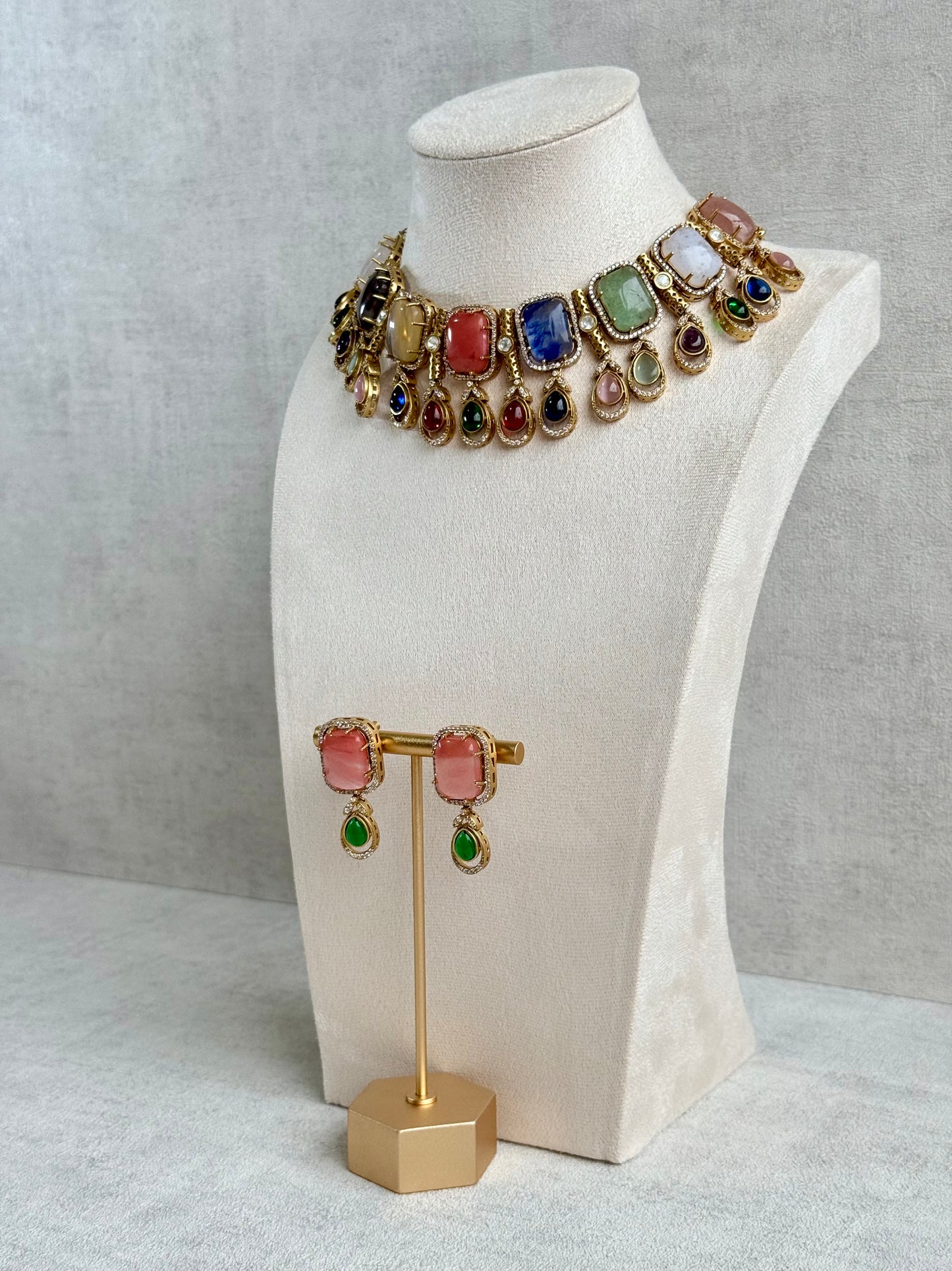 Ayura Designs Adelaide Necklace Set with Earrings – Multicolour Moissanite with Peach Stone Drop Earrings
