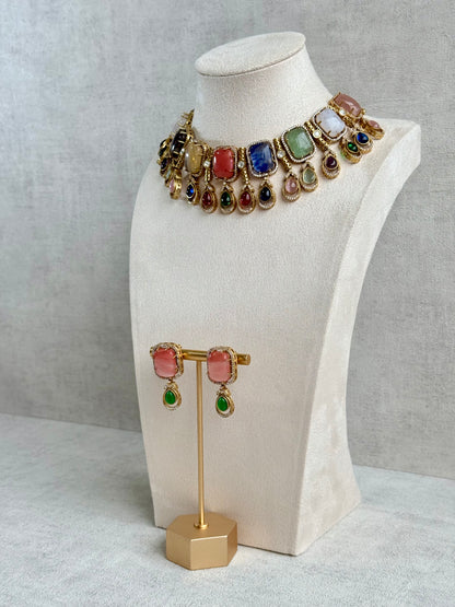 Ayura Designs Adelaide Necklace Set with Earrings – Multicolour Moissanite with Peach Stone Drop Earrings