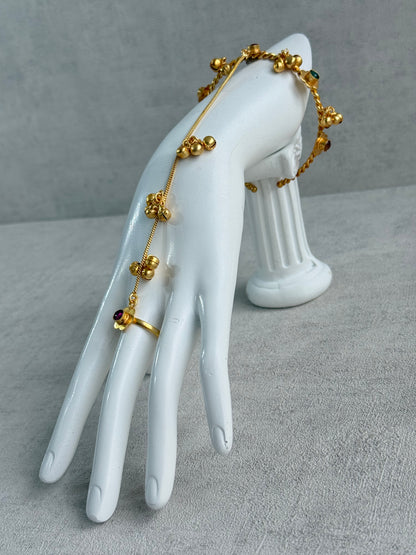Ayura Designs Kajri Haathphool Set of 2 – Gold Tone Floral Hand Harness with Multicolour Stones & Ghungroo Detailing