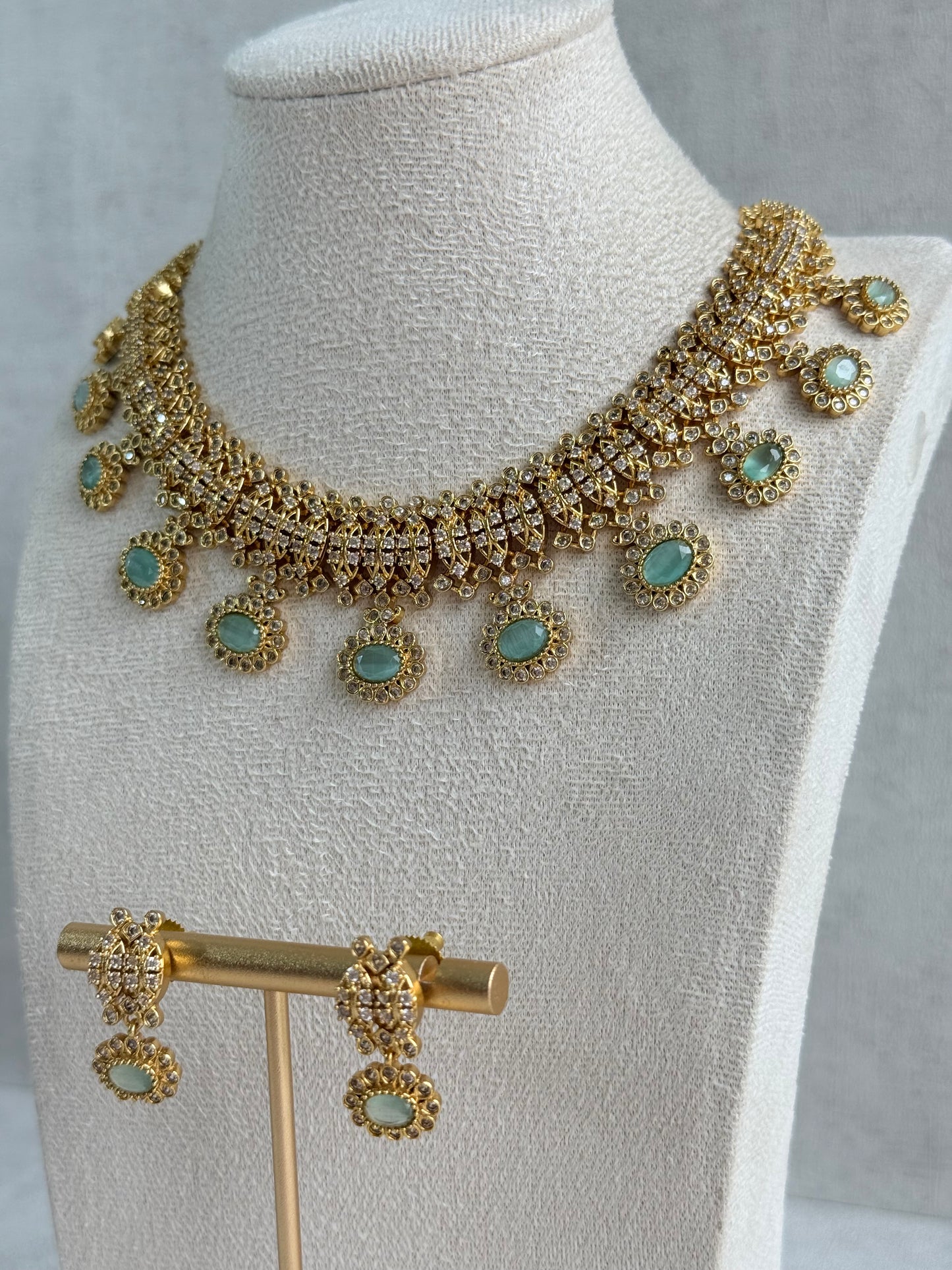 Ayura Designs Elisha Necklace Set with Earrings – Mint Green & Crystal Stone Detailing