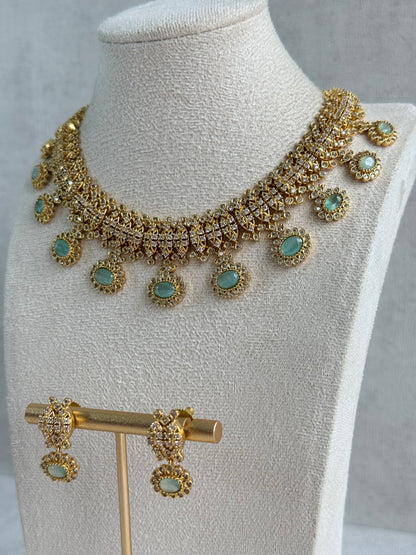 Ayura Designs Elisha Necklace Set with Earrings – Mint Green & Crystal Stone Detailing