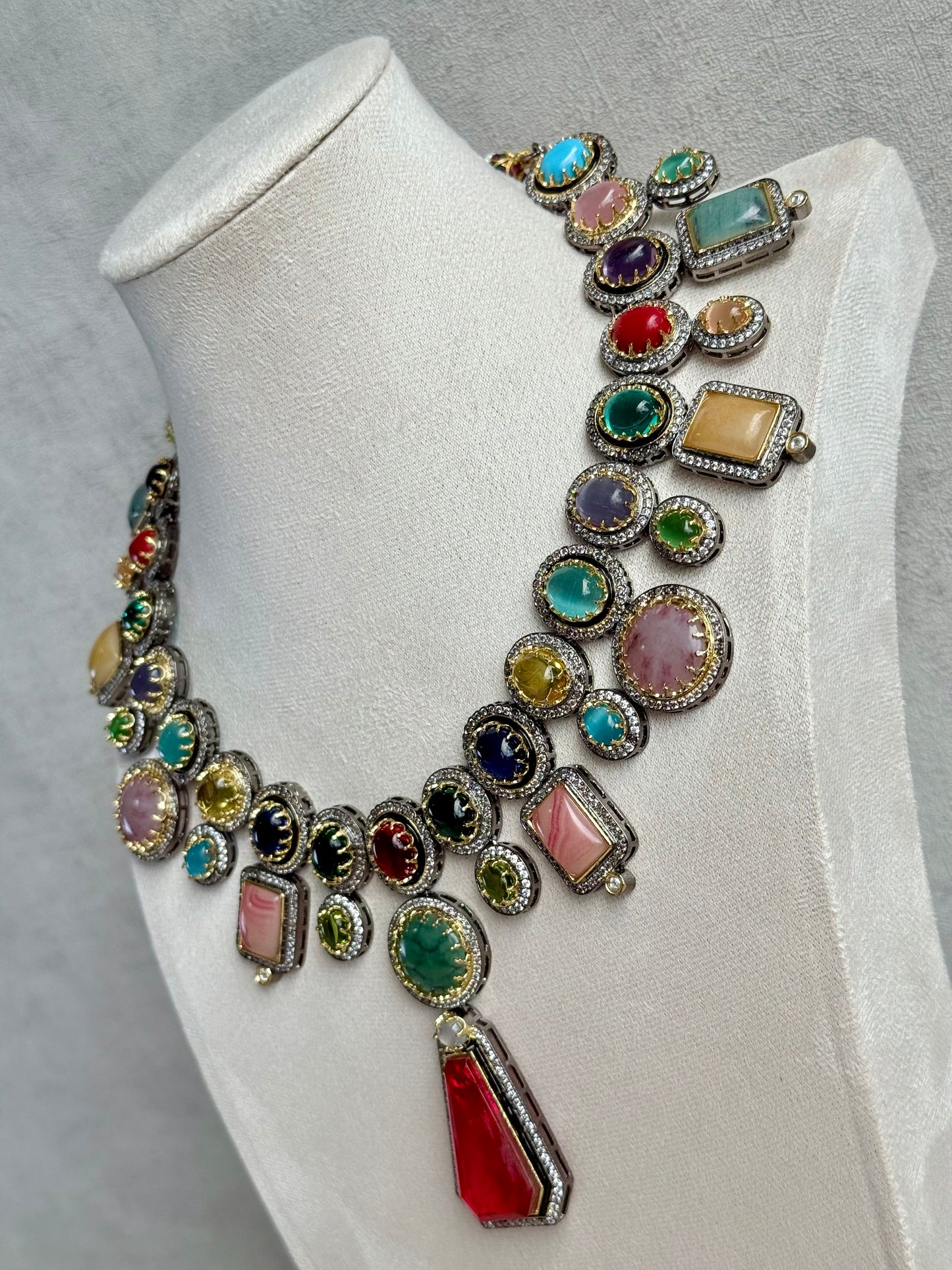 Ayura Designs Ophelia Set with Necklace & Earrings – Navratan Stone Detailing with Antique Silver Finish