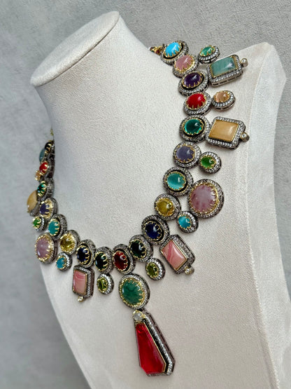 Ayura Designs Ophelia Set with Necklace & Earrings – Navratan Stone Detailing with Antique Silver Finish