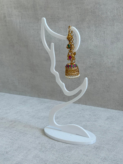 Ayura Designs Alar Jhumkis – Ear Climber in Antique Gold with Emerald & Pink Stones and Pearl Drops