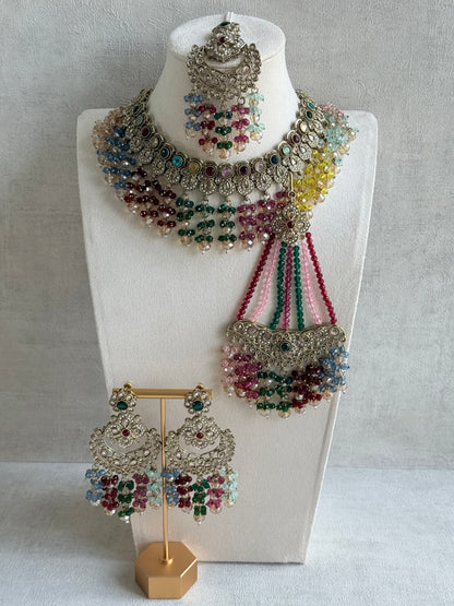 Ayura Designs Dilnaz Necklace Set with Earrings, Tikka & Passa – Multicolour Crystal Beads & Antique Gold Finish