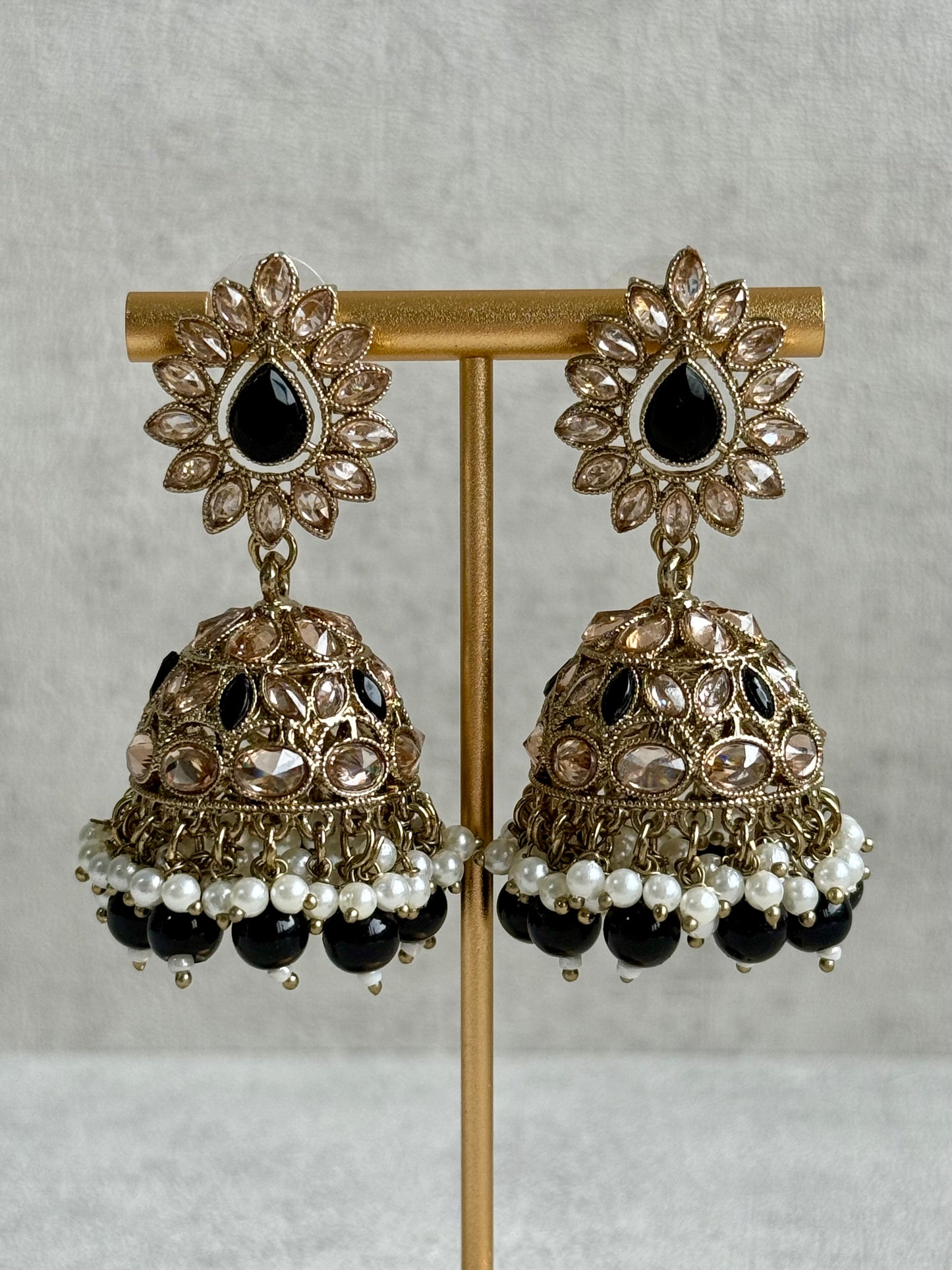 Ayura Designs Emaan Set with Jhumkis & Tikka – Black Beads, Mirror-Cut Stones & Antique Gold Finish