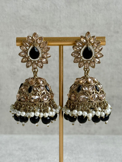 Ayura Designs Emaan Set with Jhumkis & Tikka – Black Beads, Mirror-Cut Stones & Antique Gold Finish