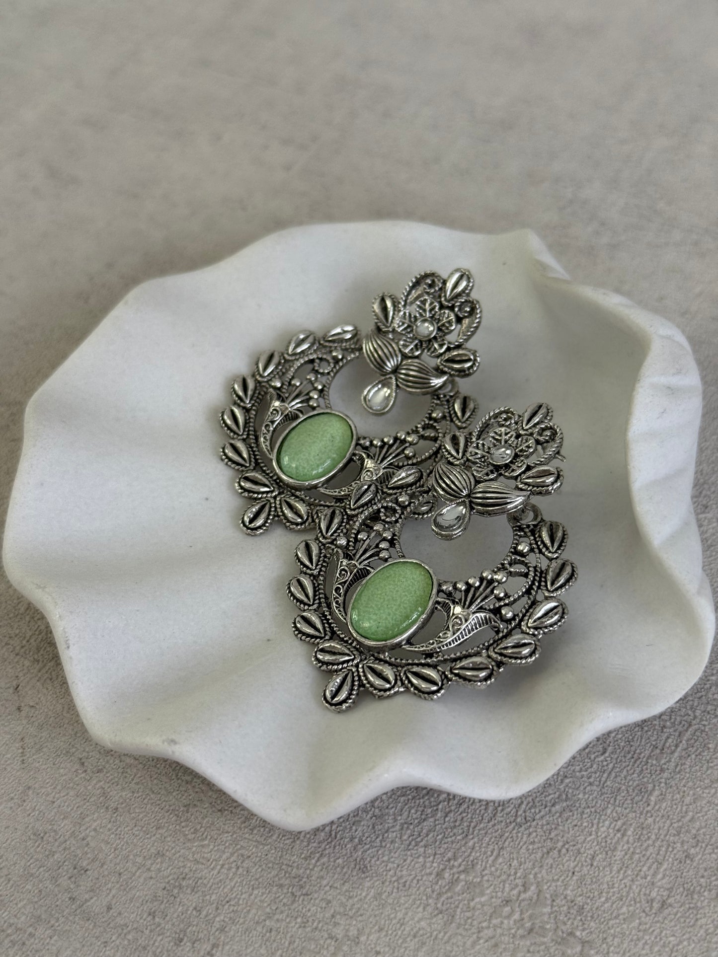 Ayura Designs Eila Earrings with Pistachio Green Stone in Antique Silver Finish