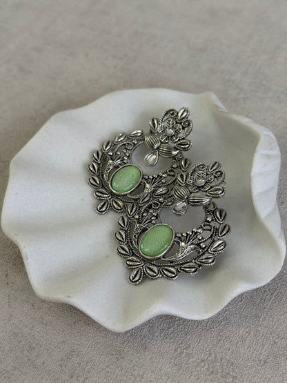 Ayura Designs Eila Earrings with Pistachio Green Stone in Antique Silver Finish