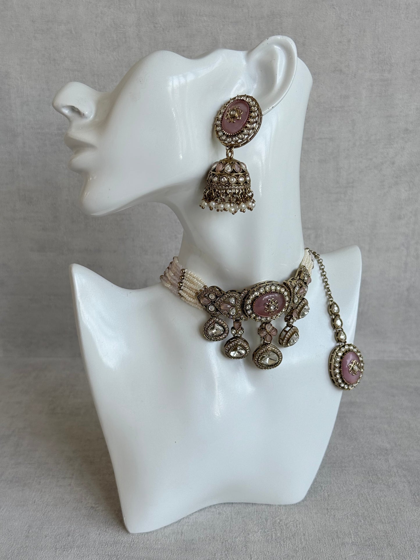 Ayura Designs Myra Choker Set with Earrings & Tikka – Blush Pink Kundan & Pearl Detailing