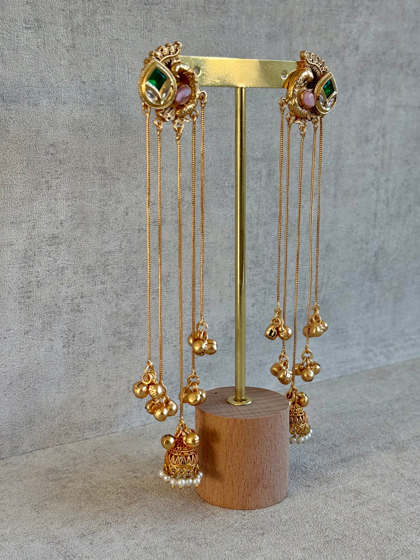Ayura Designs Morira Earrings – Antique Gold Jhumki Earrings with Kundan Stones, Chains & Ghungroo Detailing