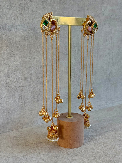 Ayura Designs Morira Earrings – Antique Gold Jhumki Earrings with Kundan Stones, Chains & Ghungroo Detailing