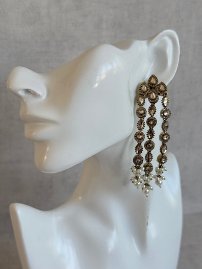Ayura Designs Emilia Earrings – Gold Triple Strand Statement Earrings with Crystal Stones & Pearl Drops
