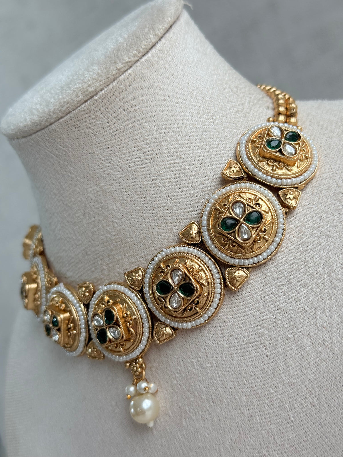 Ayura Designs Kaya Necklace Set with Earrings – Emerald Green Kundan Stones, Pearls & Antique Gold Finish