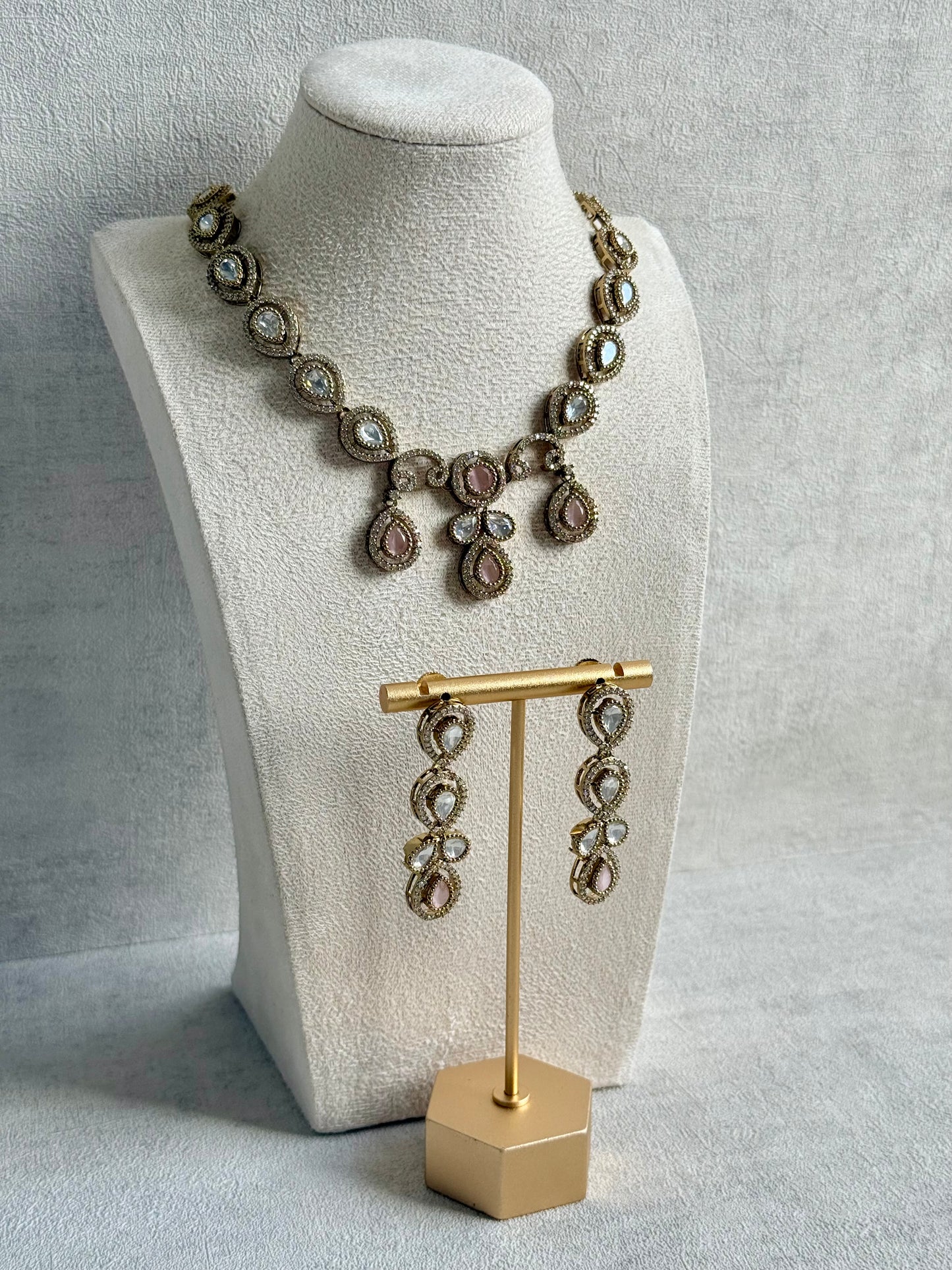 Ayura Designs Bianca Necklace Set with Earrings – Kundan, Blush Pink Stones, Crystals & Gold Finish