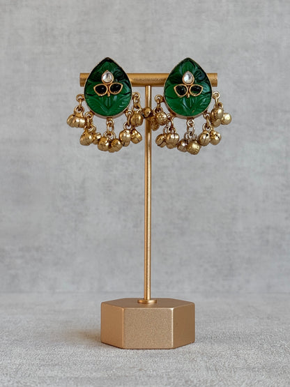 Ayura Designs Aykai Earrings – Emerald Green Carved Teardrop Stud Earrings with Clear Kundan Stones and Gold Ghungroo Drops