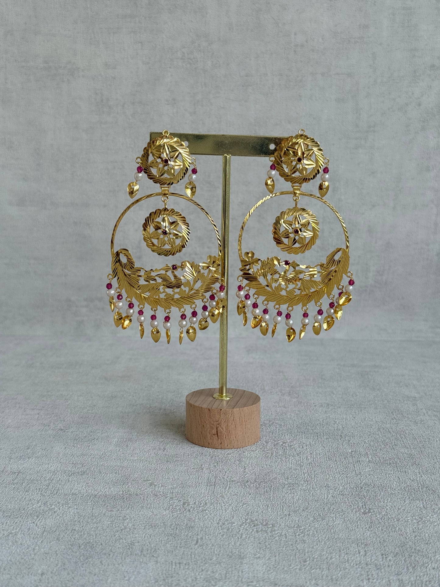 Ayura Designs Puran Earrings – Gold Peacock Pipal Patti Chandbalis with Pink & Ivory Detailing