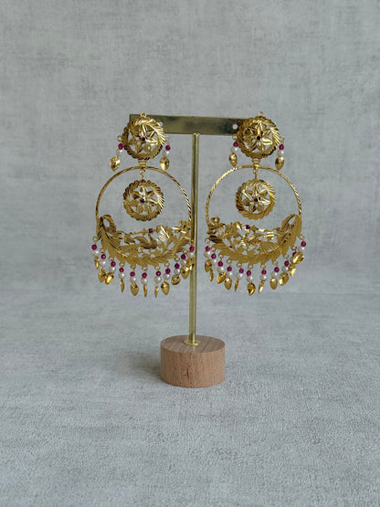 Ayura Designs Puran Earrings – Gold Peacock Pipal Patti Chandbalis with Pink & Ivory Detailing
