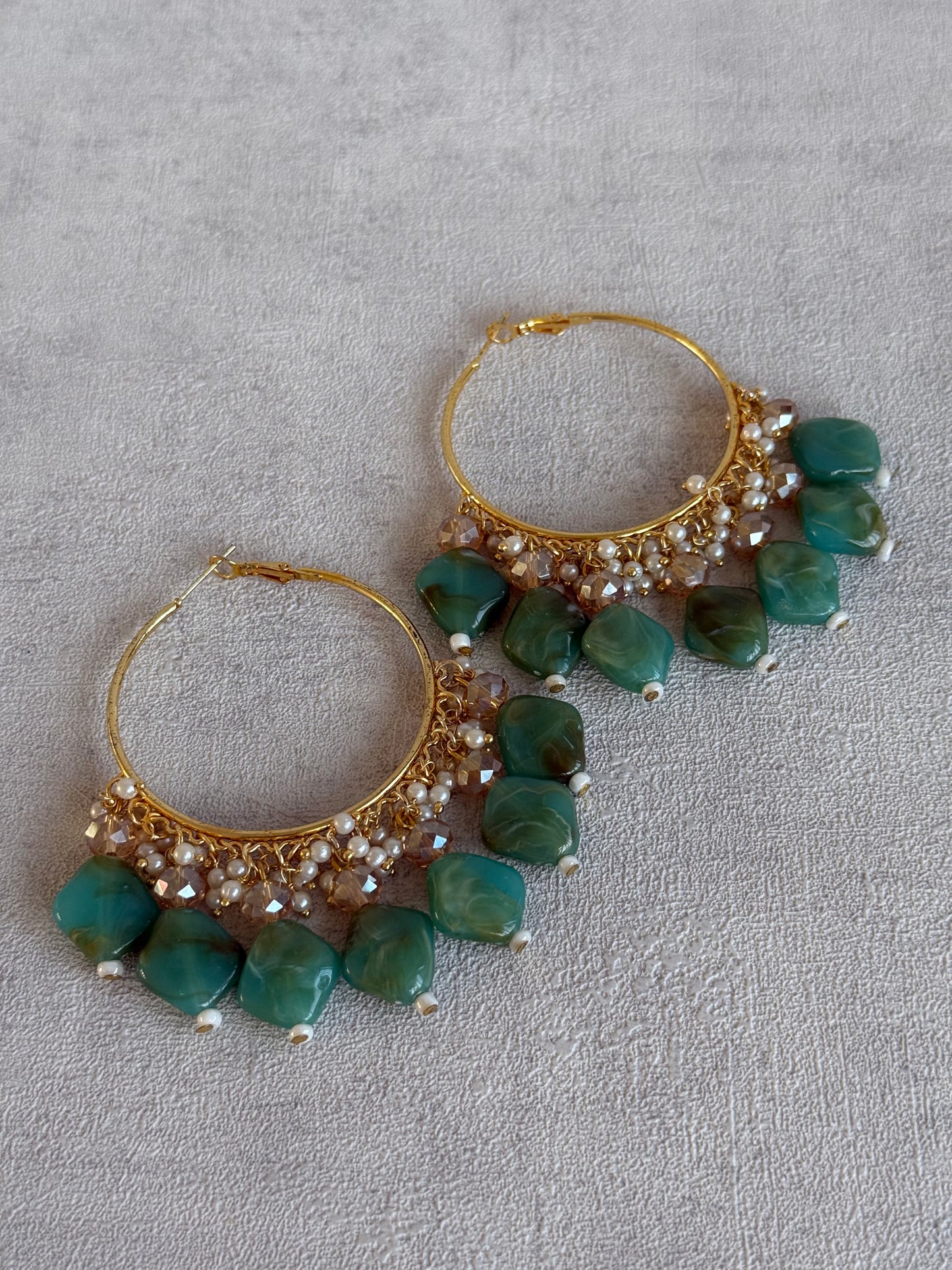 Ayura Designs Heer Balis – Gold Hoops with Jade Green Marble Beads, Pearls & Crystal Detailing