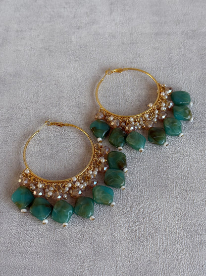 Ayura Designs Heer Balis – Gold Hoops with Jade Green Marble Beads, Pearls & Crystal Detailing