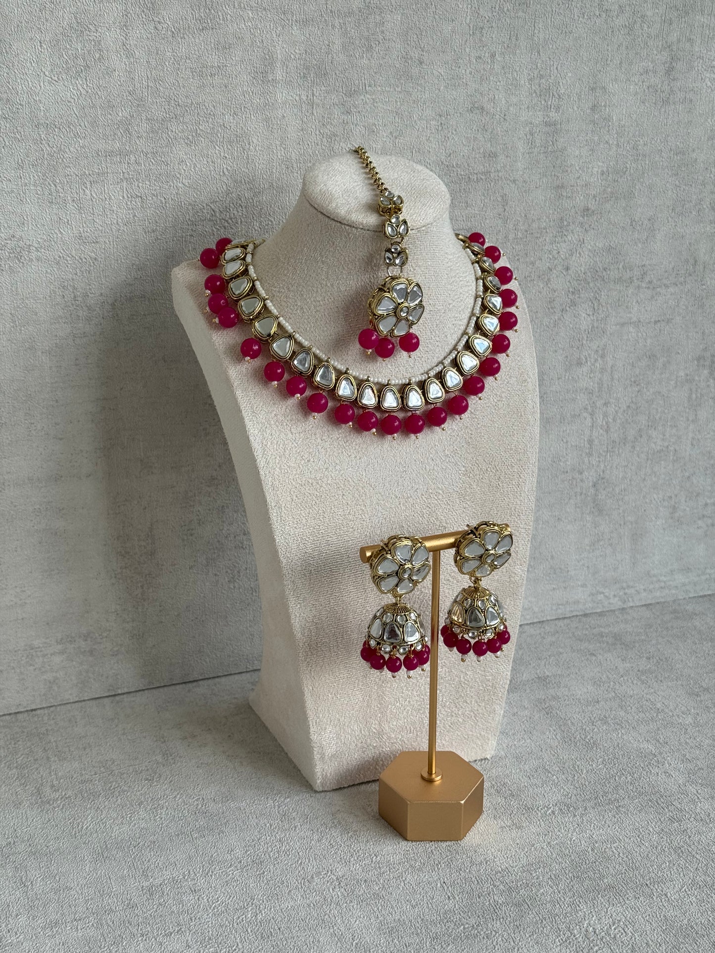 Ayura Designs Mishal Set with Jhumkis & Tikka – Fuchsia Beads & Mirror-Cut Stones