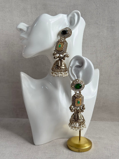 Ayura Designs Maara Jhumkis – Champagne Gold with Emerald Green Stones, Crystals, Ghungroos & Pearl Detailing