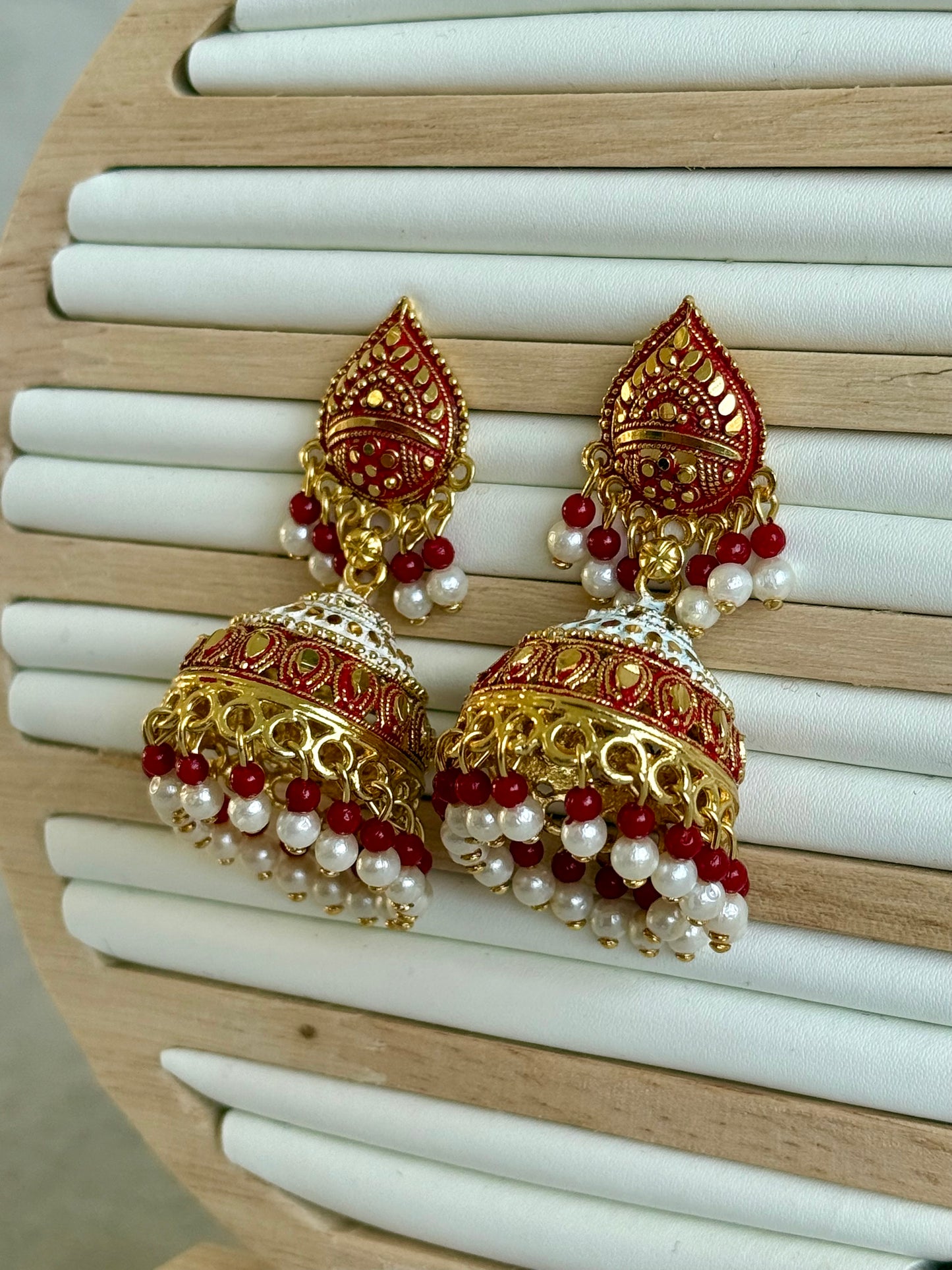Ayura Designs Jogan Jhumkis – Red & White Beads with Antique Gold Detailing