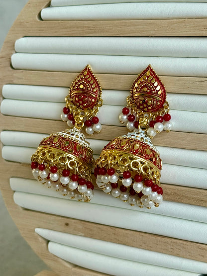Ayura Designs Jogan Jhumkis – Red & White Beads with Antique Gold Detailing