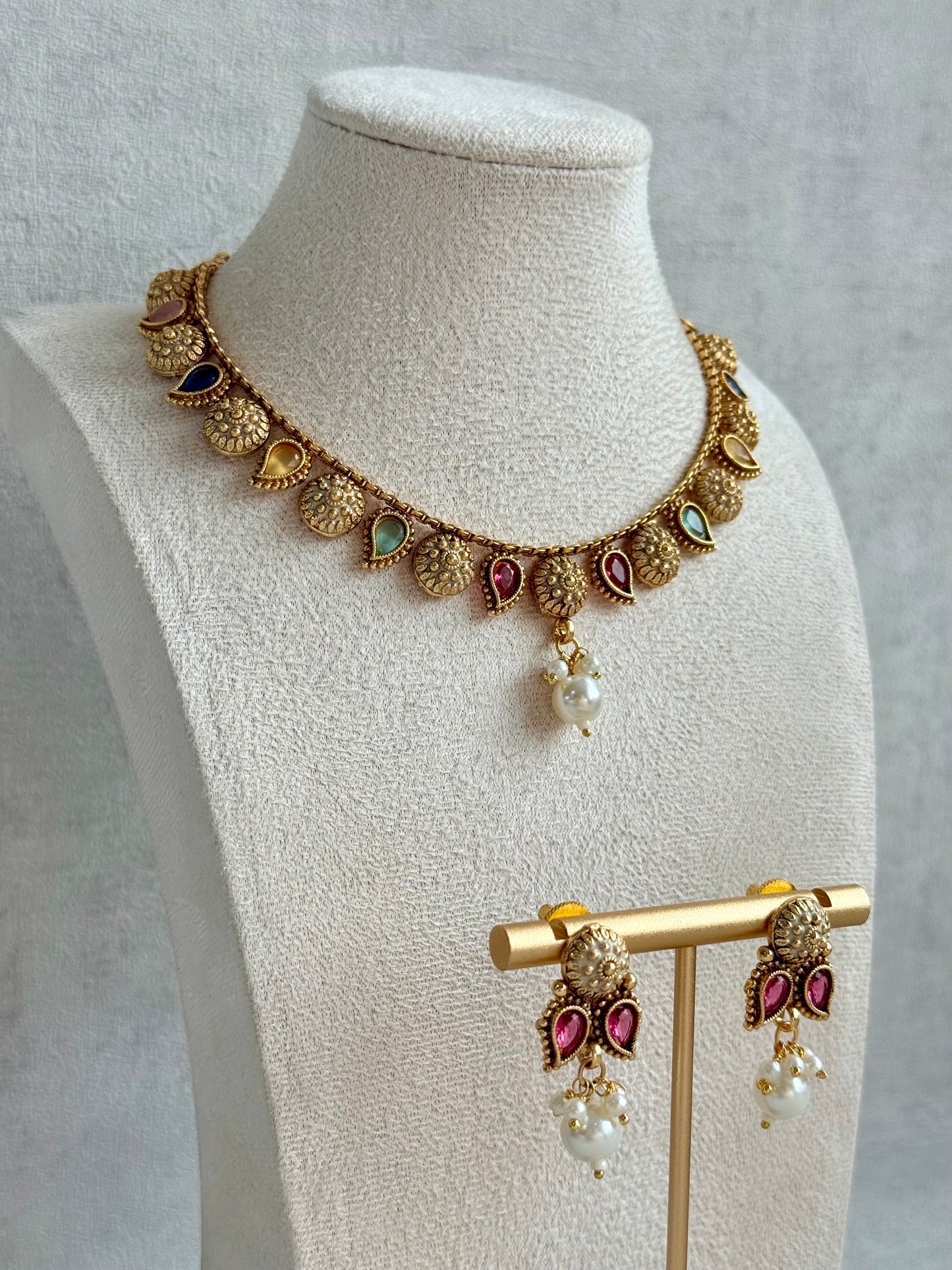 Ayura Designs Mayura Necklace Set with Earrings – Antique Gold Meenakari Motifs with Pearl Drop & Multicolour Stones