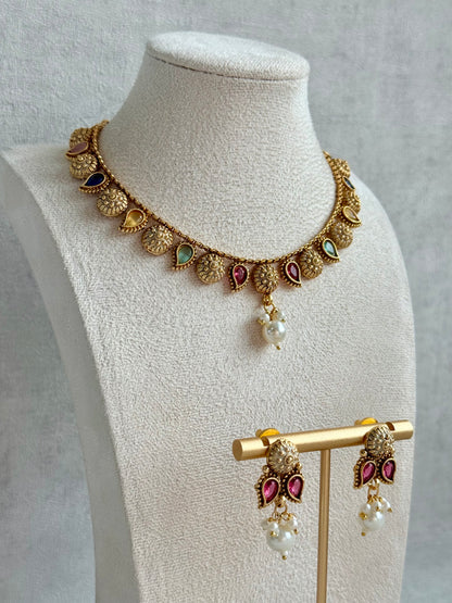 Ayura Designs Mayura Necklace Set with Earrings – Antique Gold Meenakari Motifs with Pearl Drop & Multicolour Stones