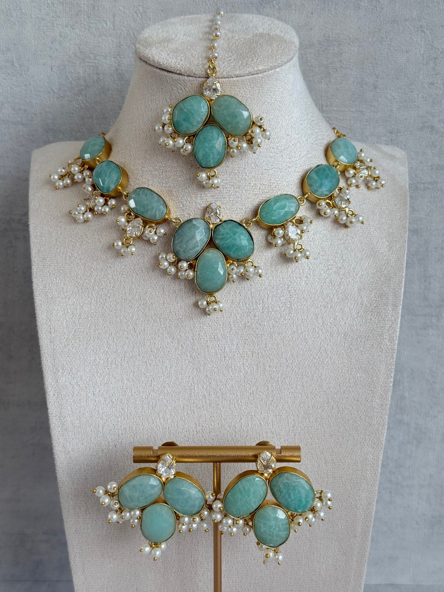 Ayura Designs Anahita Set with Tikka & Earrings – Amazonite, Crystals & Pearls