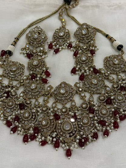 Ayura Designs Fazal Set with Necklace, Earrings & Tikka – Ruby Red Drops, Pearl Detailing & Moissanite Stonework