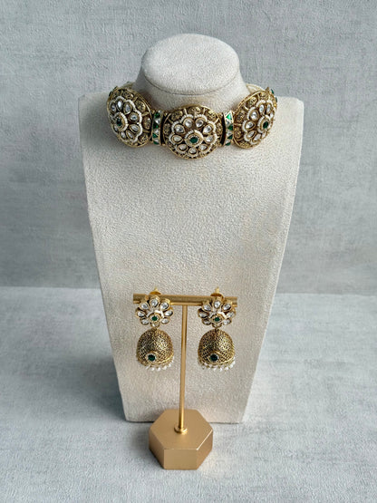 Ayura Designs Tanu Choker Set – Antique Gold Choker & Jhumkis with Ruby & Emerald Kundan and Pearl Borders