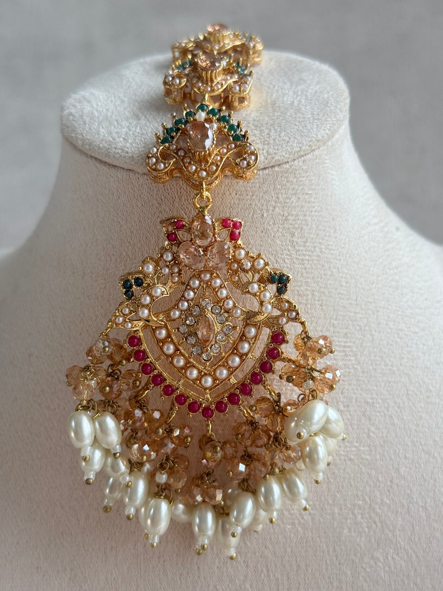 Ayura Designs Safia Tikka Set with Sahare Earrings – Champagne Crystals with Ruby & Emerald