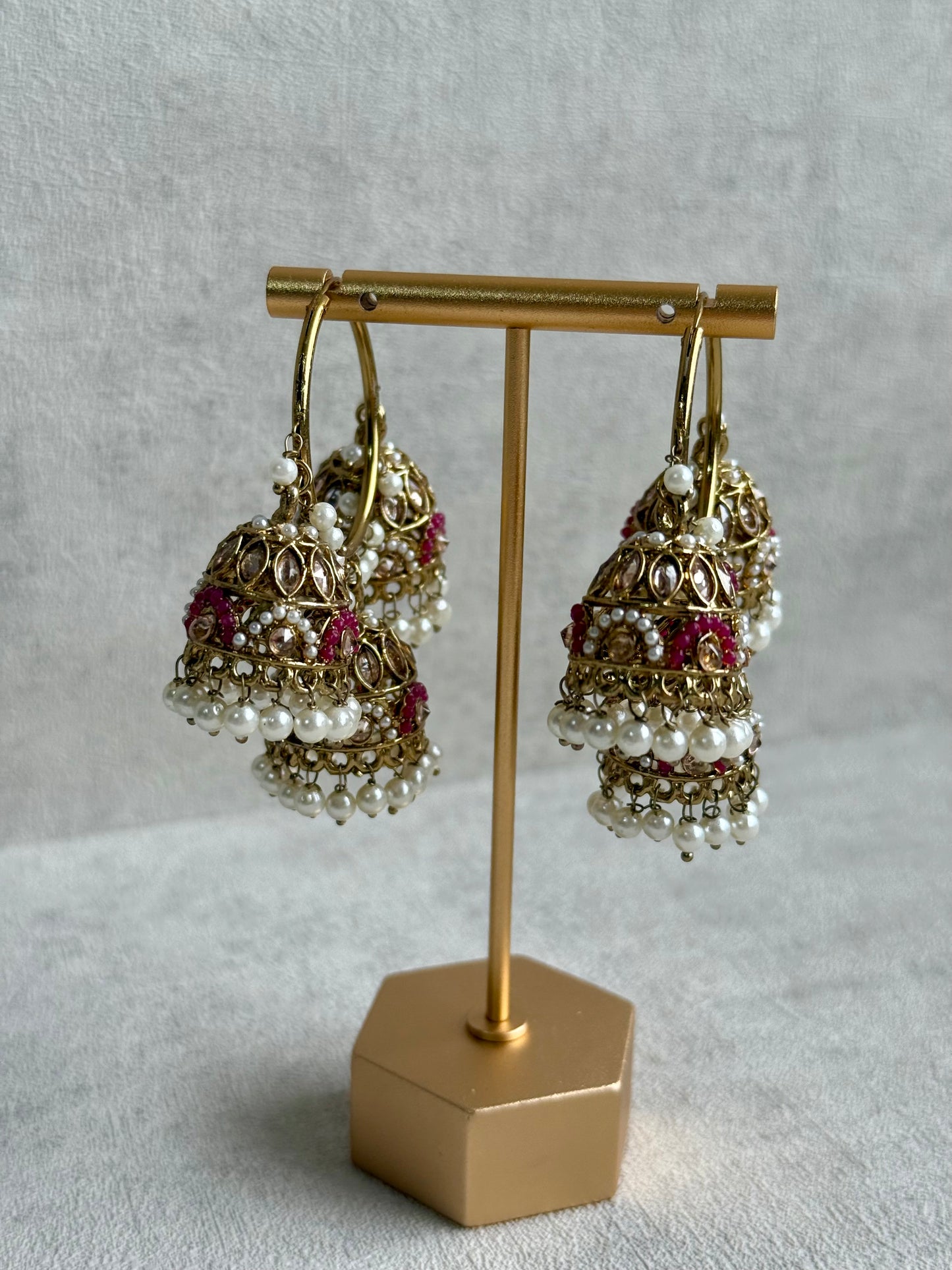 Ayura Designs Nakhra Balis – Fuchsia Triple Dome Earrings with Pearl Clusters & Mirror-Cut Detailing