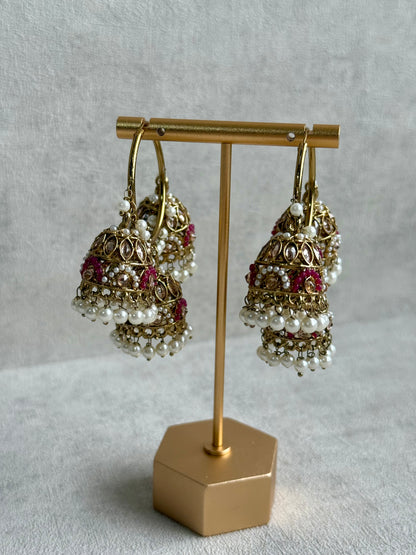 Ayura Designs Nakhra Balis – Fuchsia Triple Dome Earrings with Pearl Clusters & Mirror-Cut Detailing